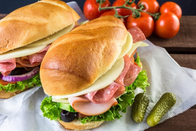 Sub sandwich with fresh vegetables, lunch meat and cheese on hoagie roll.