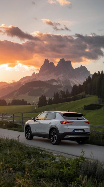 A subcompact suv car explores the scenic countryside with a stunning sunset and alpine mountns in t