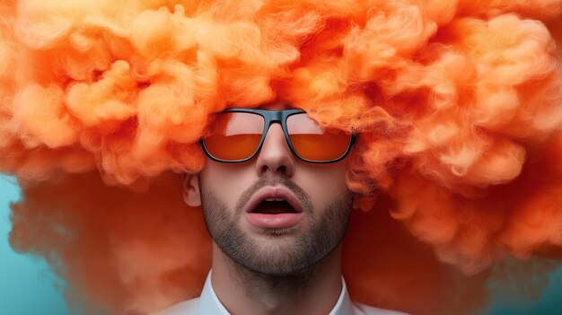 Photo the subject exudes confidence with a bright orange cloudlike hairstyle and reflective sunglasses creating a striking contrast against the cool blue backdrop evoking a playful mood