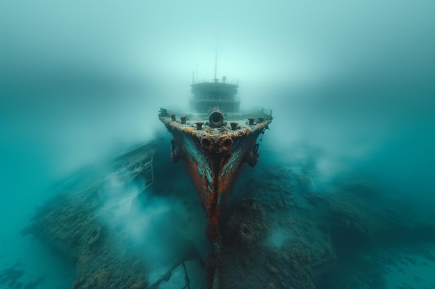 A submarine exploring the wreckage of a sunken battleship from World War II Boat floating on liquid rock in electric blue water