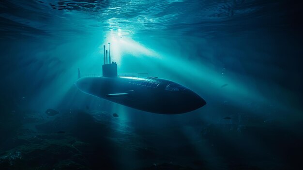 Photo a submarine gliding underwater with streams of light filtering from above creating a mysterious and serene underwater scene