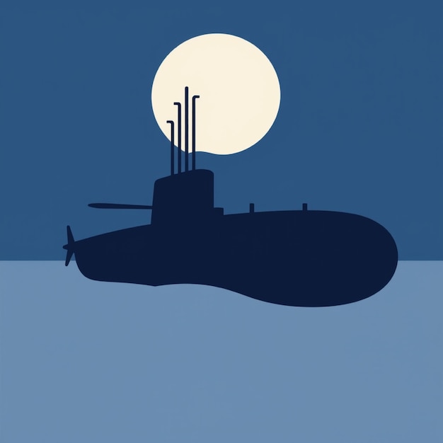 a submarine is painted in blue and has a full moon in the background