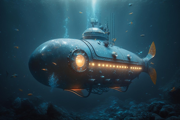 A submarine in the ocean with a yellow light on the bottom.