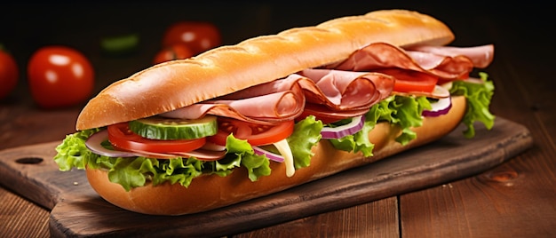 Submarine sandwich with ham cheese lettuce tomatoes and