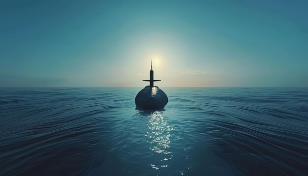 Submarine Surfacing At Sunset In Deep Blue Ocean