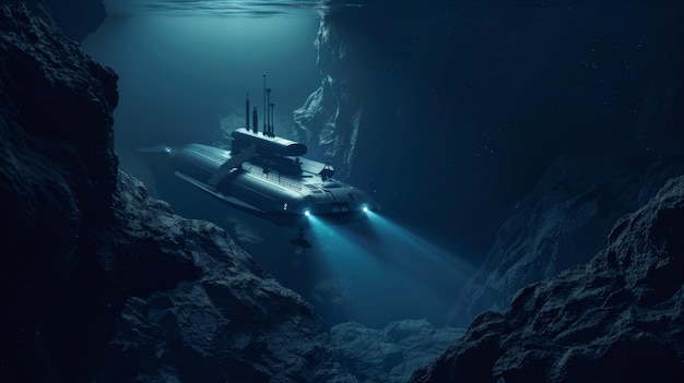 Photo a submarine ventures through the deep dark waters its lights shining brightly in the mysterious underwater landscape