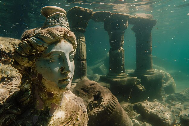 Photo submerged ancient statue and ruins in clear water