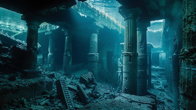 Photo a submerged ancient structure with stone pillars and broken debris the water is dark blue and murky creating a mysterious atmosphere