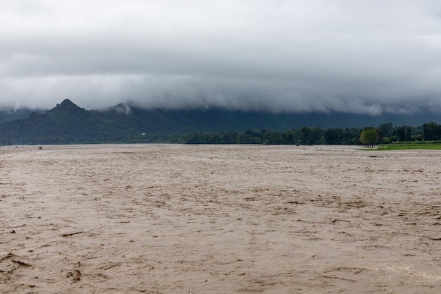 Submerged crops and houses after heavy flood and storm in the valley