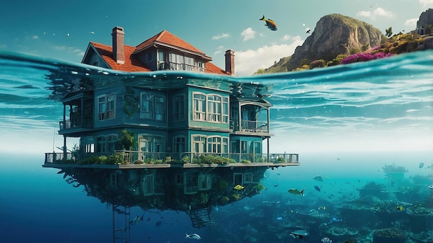 Photo a submerged house surrounded by coral reefs under clear blue water in a tropical location