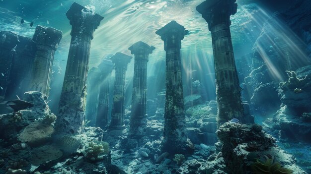 Photo submerged ruins of atlantis through ethereal waters