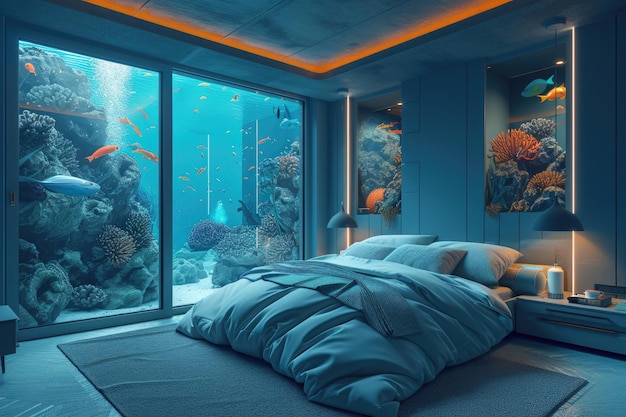 Submerged serenity mesmerizing underwater house room reveals aquatic wonders through panoramic