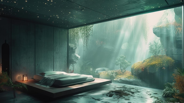 Submerged serenity mesmerizing underwater house room reveals aquatic wonders through panoramic