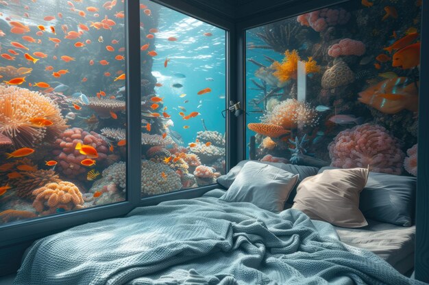 Photo submerged serenity mesmerizing underwater house room reveals aquatic wonders through panoramic