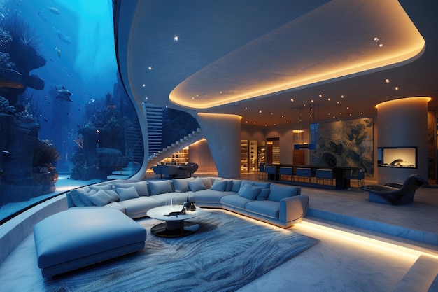 Submerged serenity mesmerizing underwater house room reveals aquatic wonders through panoramic