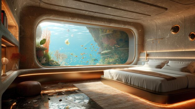 Photo submerged serenity mesmerizing underwater house room reveals aquatic wonders through panoramic