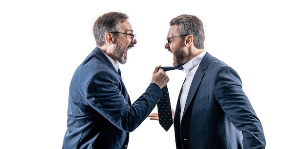 Subordinate of two angry businessmen isolated on white background businessmen arguing