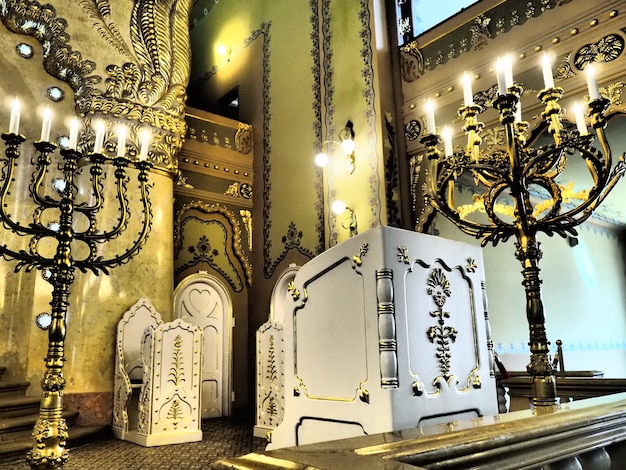 Subotica Serbia September 12 2021 Bima an elevation in the center of the synagogue where there is a special table for public reading of the Torah scroll and the book of the Haftorian prophets