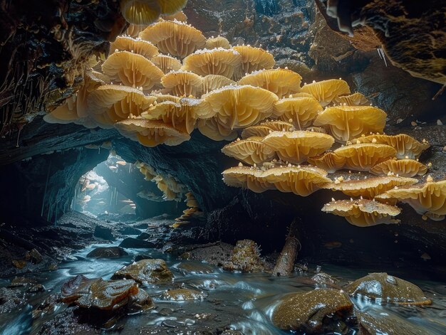 Photo a subterranean forest of fungi spreading across the floor of a cave their delicate mycelial networks