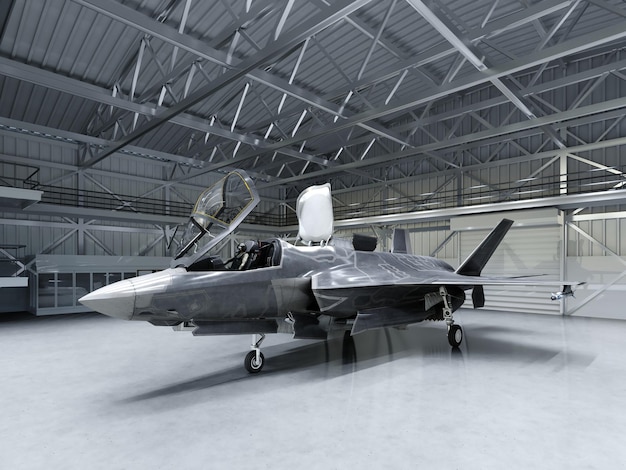 Subtle multifunctional fighterbomber fifth generation Modern fighter in the hangar 3D rendering