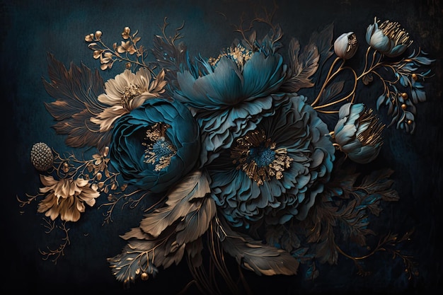 Subtly textured blue and gold painted flowers dark moody background Generative AI AIG15