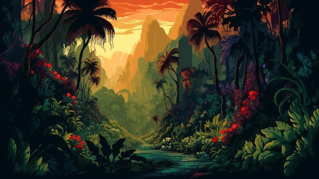 Subtropical Forest Firefighters A Retromer 8bit Illustration Of Jungle At Sunset