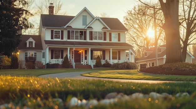 Photo suburban home illuminated by warm sunlight showcasing its elegant features and charming curb appeal