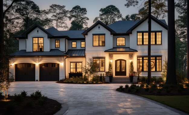 Suburban home with front driveway lighting