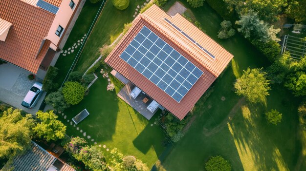 A suburban house sits beneath the suns rays adorned with a solar panel on its roof harnessing