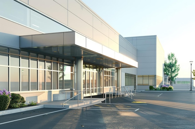 Photo suburban medical center exterior at noon with practical design