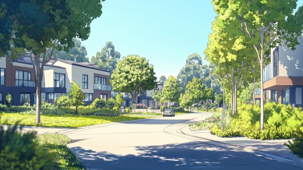 Photo suburban neighborhood street with modern houses surrounded by lush green trees on a sunny day