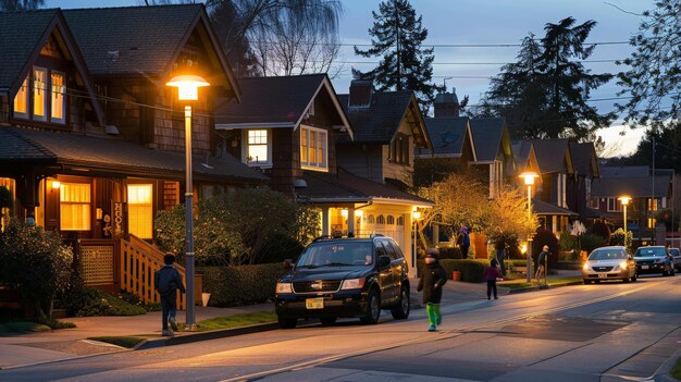 A suburban street at dusk with cozy houses warm lights glowing from windows and children playing in the yard