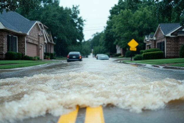 Photo suburban street flooded with water during a heavy rainstorm extreme weather urban flooding