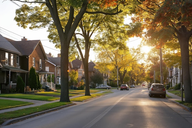 Photo suburban street lined with trees showing off their fall colors as the sun sets