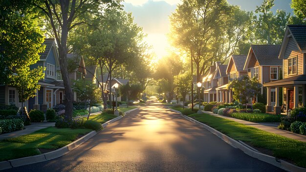 Photo a suburban street at sunset rows of colorful twostory houses manicured lawns treelined sidewalks wid