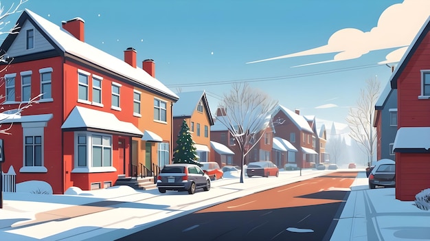 Photo suburban street on winter with red house cars on asphalt road trees and pedestrian covered