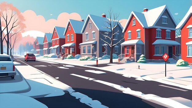 Photo suburban street on winter with red house cars on asphalt road trees and pedestrian covered