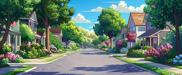 Photo suburban street with lush greenery and sunny sky