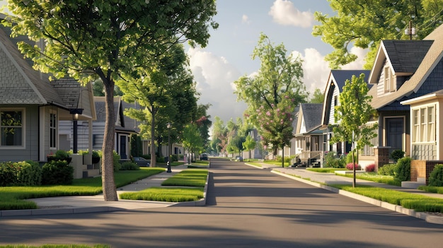 Photo suburban street with lush greenery