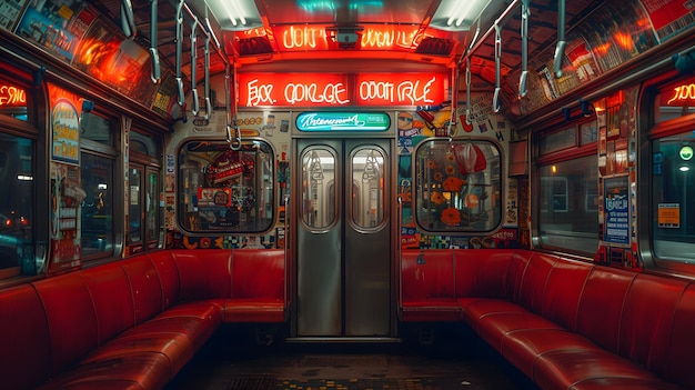 Subway Interior with Red Seats and Neon Signs