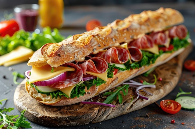 Photo subway sandwiches with salami turkey breast cheese and veggies on a cutting board