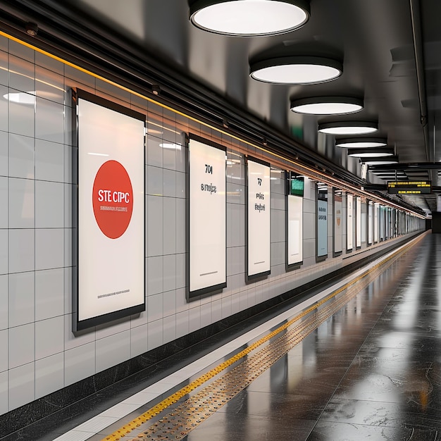 Photo a subway station with a sign that says stop on it