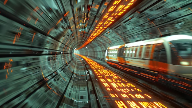 a subway train is moving through a tunnel with the text in the middle