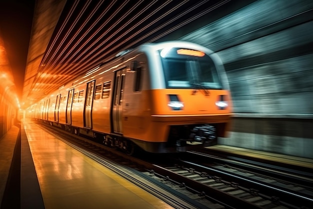 Subway train through the dark and narrow tunnels with speed and motion blur adding to the thrill of the journey Generative AI