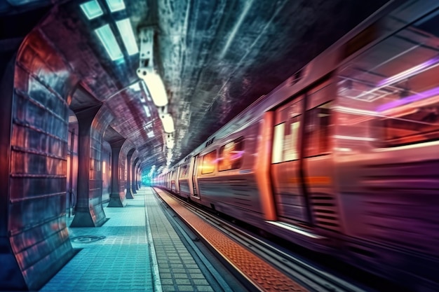 Subway train through the dark and narrow tunnels with speed and motion blur adding to the thrill of the journey Generative AI