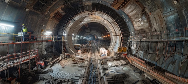 Photo subway tunnel construction progress tools materials and workers in an underground view