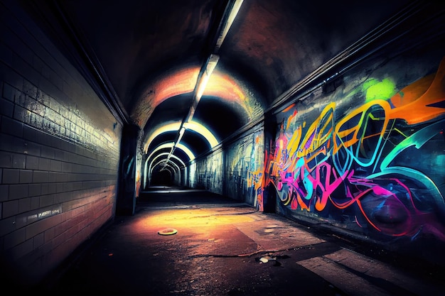 Subway tunnel with flickering fluorescent lights and graffiti art created with generative ai