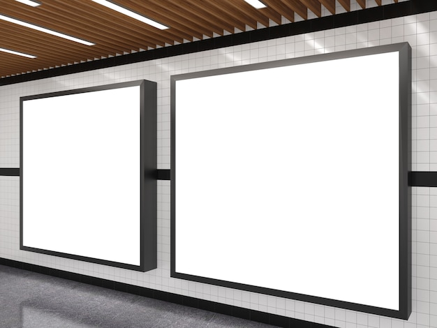 Subway with blank white advertising billboard frame