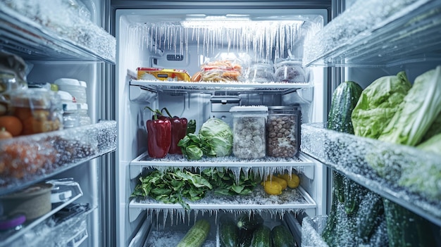 A subzero freezer filled with food items with frost covering the shelves