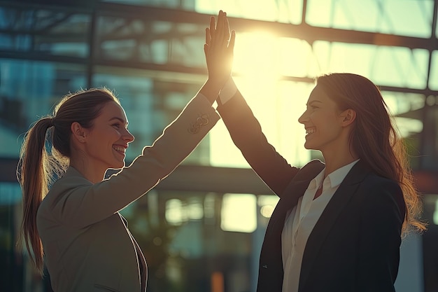 Photo succesful businesswomen giving a high five